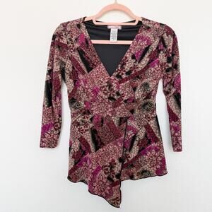 Y2K Vol. 1 Asymmetrical Floral V-Neck Top Purple Size S Patchwork‎ Fairy Grunge